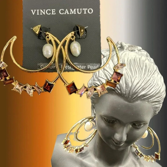 Vince Camuto Fall Crystal Colors Pearl Accent Large Double Open Hoop Earrings - Picture 4 of 4